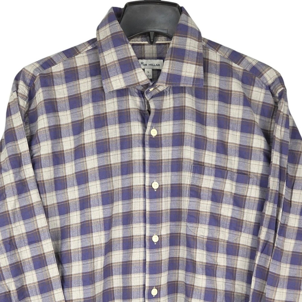 Peter Millar Mens‎ Large Blue Tan Gray Plaid Button Up Shirt Long Sleeve Casual